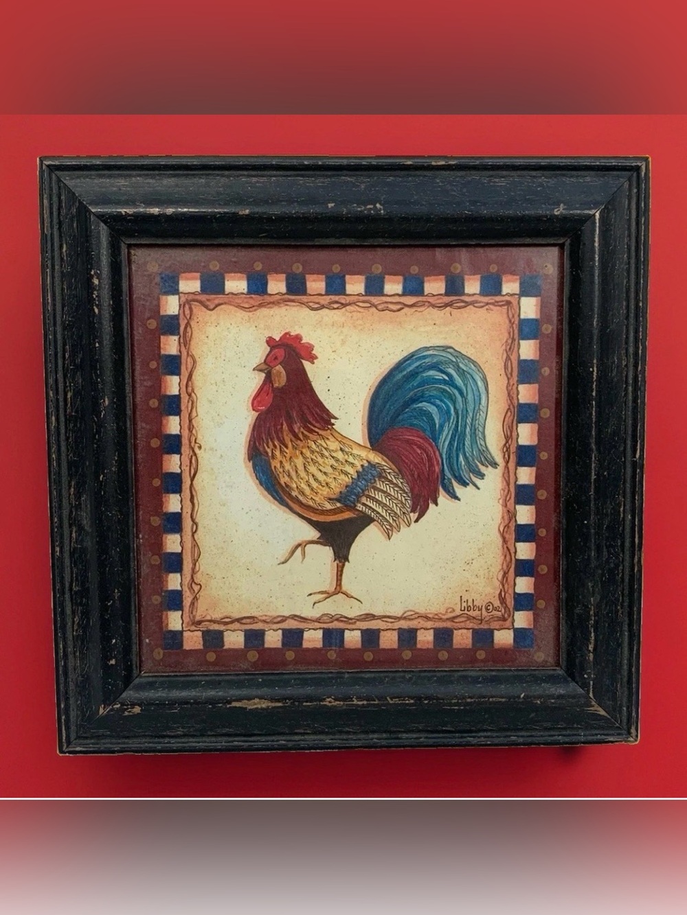 Primitive Folk Art Rooster Framed Wall Decor Country Farmhouse Chicken Rustic